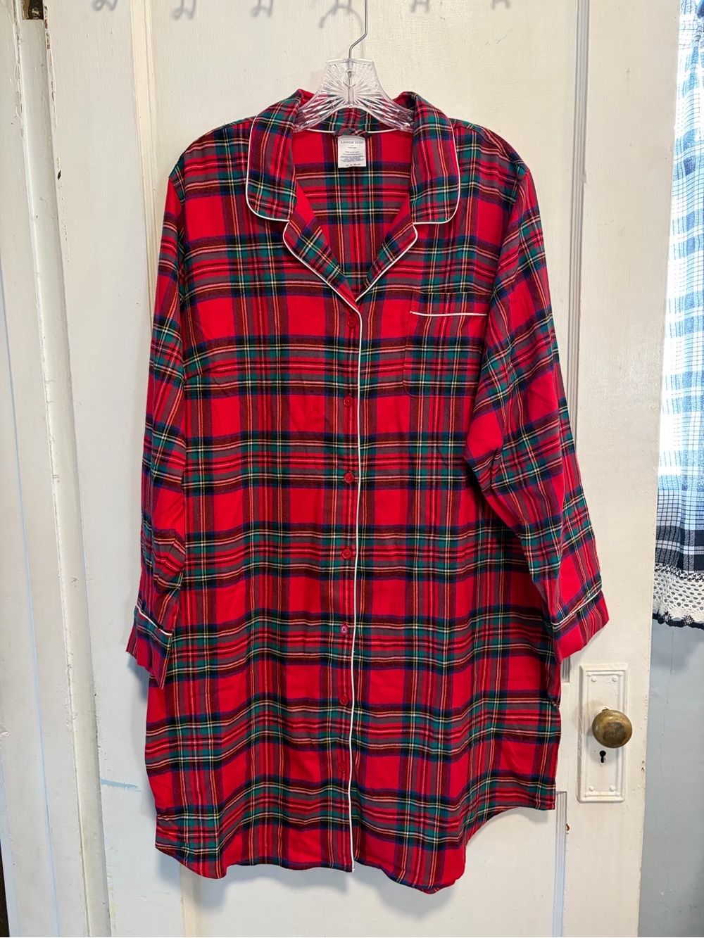 Lands End Sleep Shirt Nightgown Pajamas Red Tartan Plaid Flannel Button Down 1X